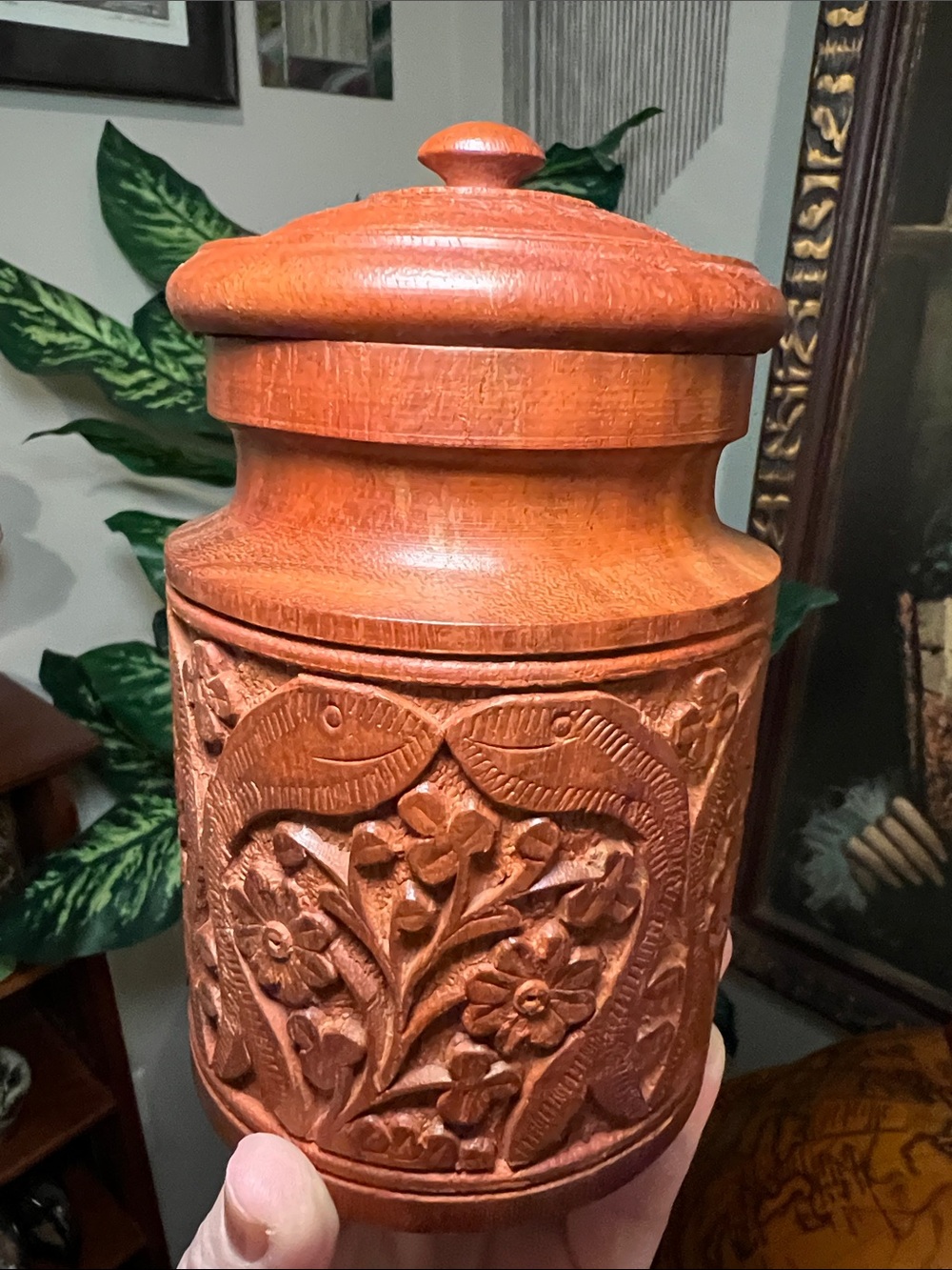 Vintage Handcarved Wood Snake Fish Floral Shesham Container Storage Canister